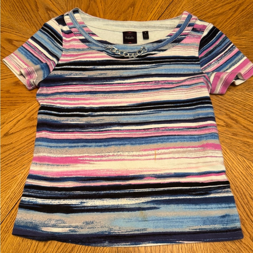 Rafaella Women’s Striped Tee in Blue, Pink, and White size medium